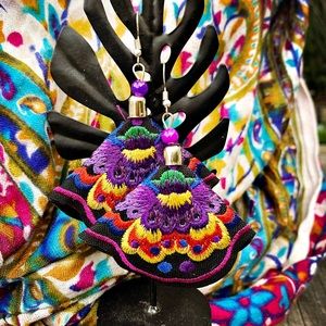 Large Embroidered Floral Silk earrings, black field, purple border.